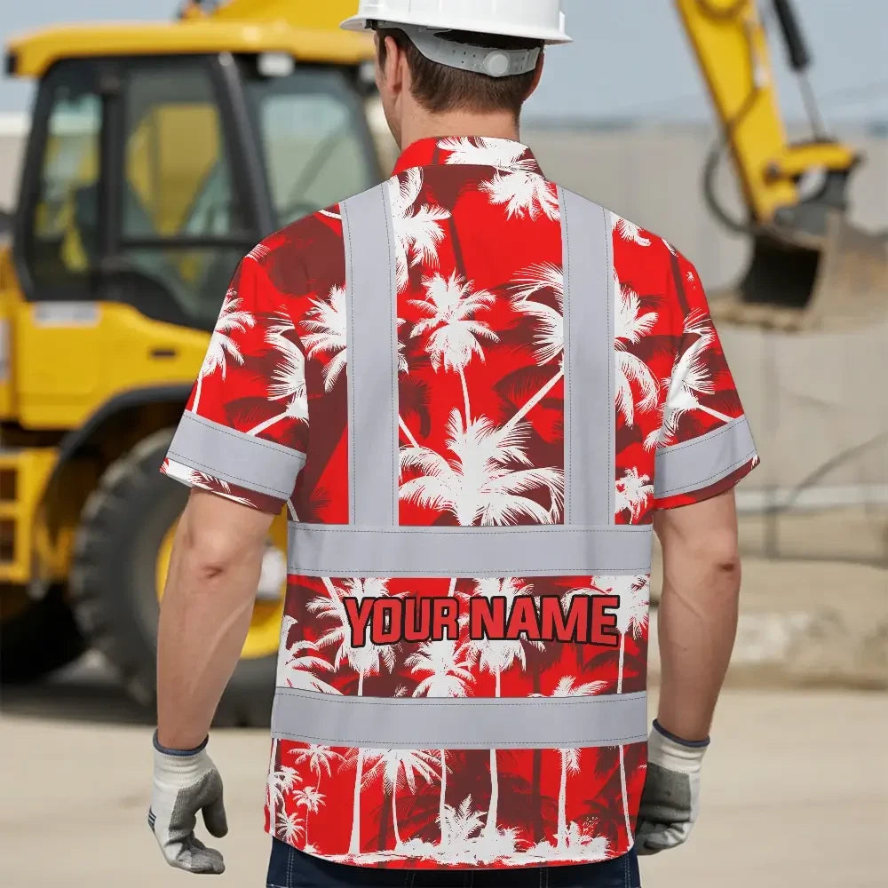 Choose Pack Hi Vis Hawaiian Shirt Reflective Tapes Red Neon Flowers Custom Name Safety Workwear For Workers, Truckers, Operators