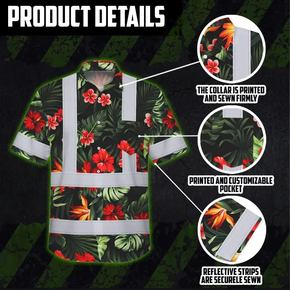 Choose Pack Hi Vis Hawaiian Shirt Reflective Tapes Red Neon Flowers Custom Name Safety Workwear For Workers, Truckers, Operators