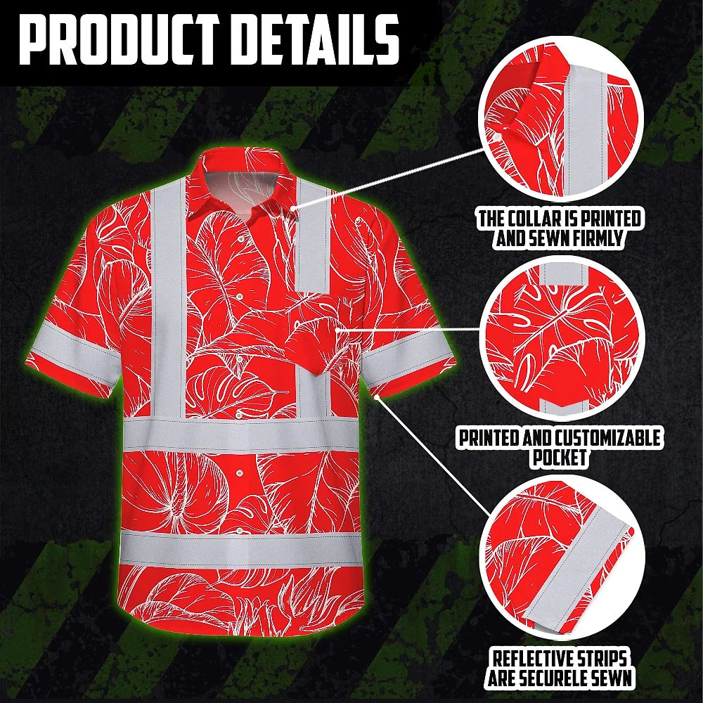 Hi Vis Hawaiian Shirt Reflective Tapes Red Neon Flowers Custom Name Safety Workwear For Workers, Truckers, Operators