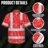 Hi Vis Hawaiian Shirt Reflective Tapes Red Neon Flowers Custom Name Safety Workwear For Workers, Truckers, Operators