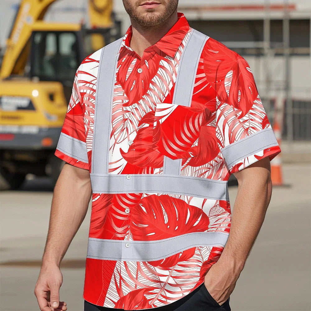 Hi Vis Hawaiian Shirt Reflective Tapes Red Neon Flowers Custom Name Safety Workwear For Workers, Truckers, Operators