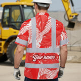 Hi Vis Hawaiian Shirt Reflective Tapes Red Neon Flowers Custom Name Safety Workwear For Workers, Truckers, Operators