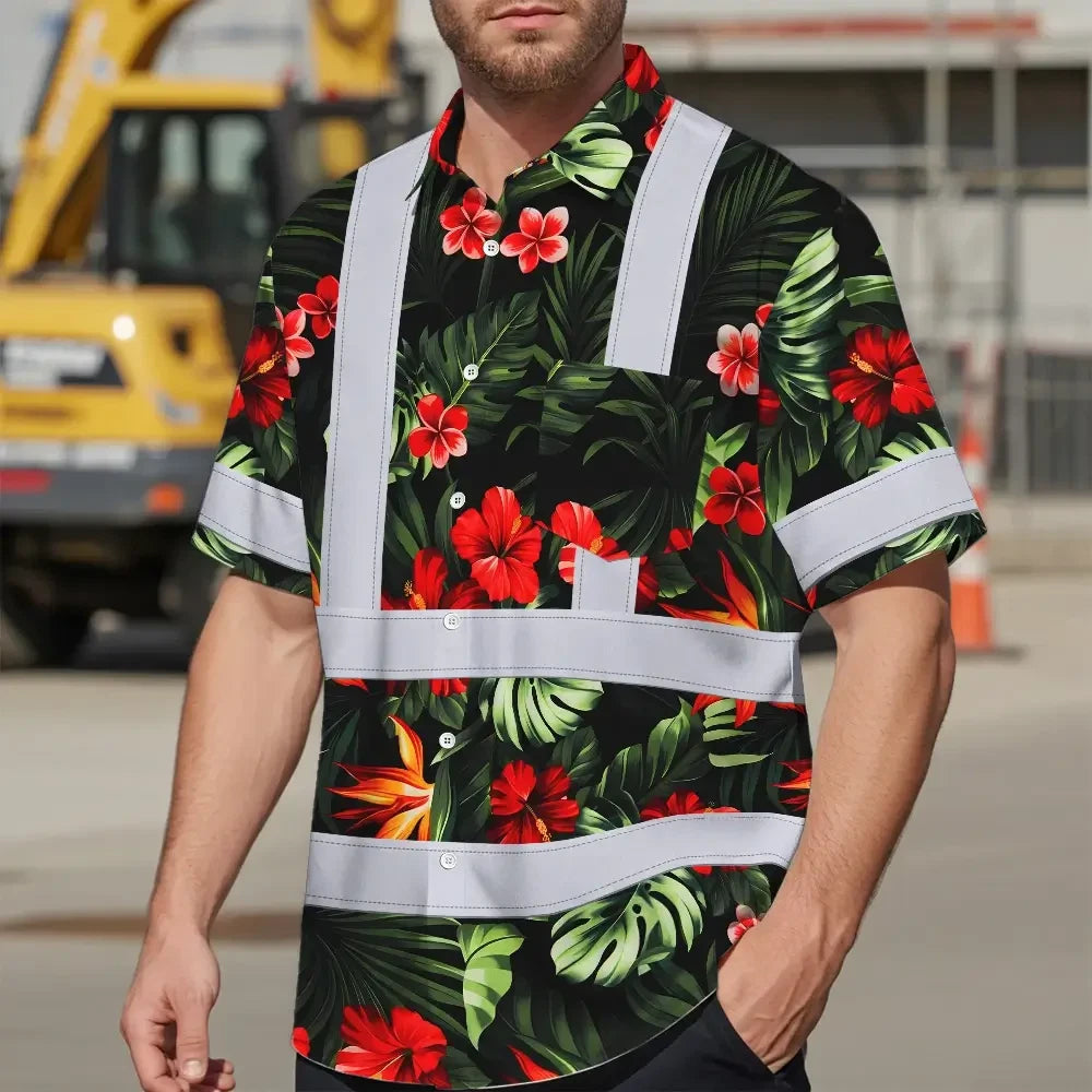 Hi Vis Hawaiian Shirt Reflective Tapes Red Neon Flowers Custom Name Safety Workwear For Workers, Truckers, Operators