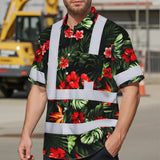 Choose Pack Hi Vis Hawaiian Shirt Reflective Tapes Red Neon Flowers Custom Name Safety Workwear For Workers, Truckers, Operators