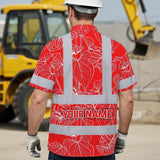 Hi Vis Hawaiian Shirt Reflective Tapes Red Neon Flowers Custom Name Safety Workwear For Workers, Truckers, Operators