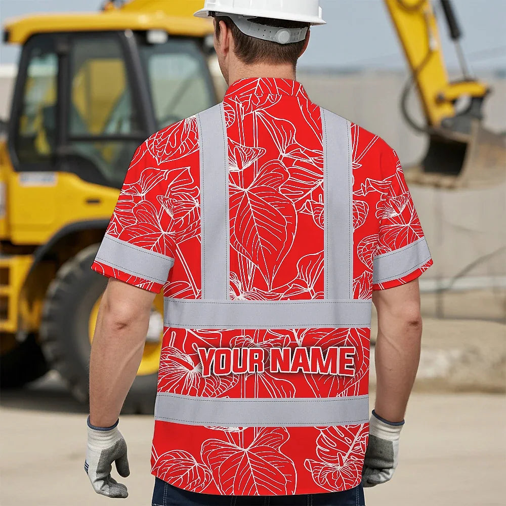 Hi Vis Hawaiian Shirt Reflective Tapes Red Neon Flowers Custom Name Safety Workwear For Workers, Truckers, Operators