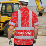 Hi Vis Hawaiian Shirt Reflective Tapes Red Neon Flowers Custom Name Safety Workwear For Workers, Truckers, Operators