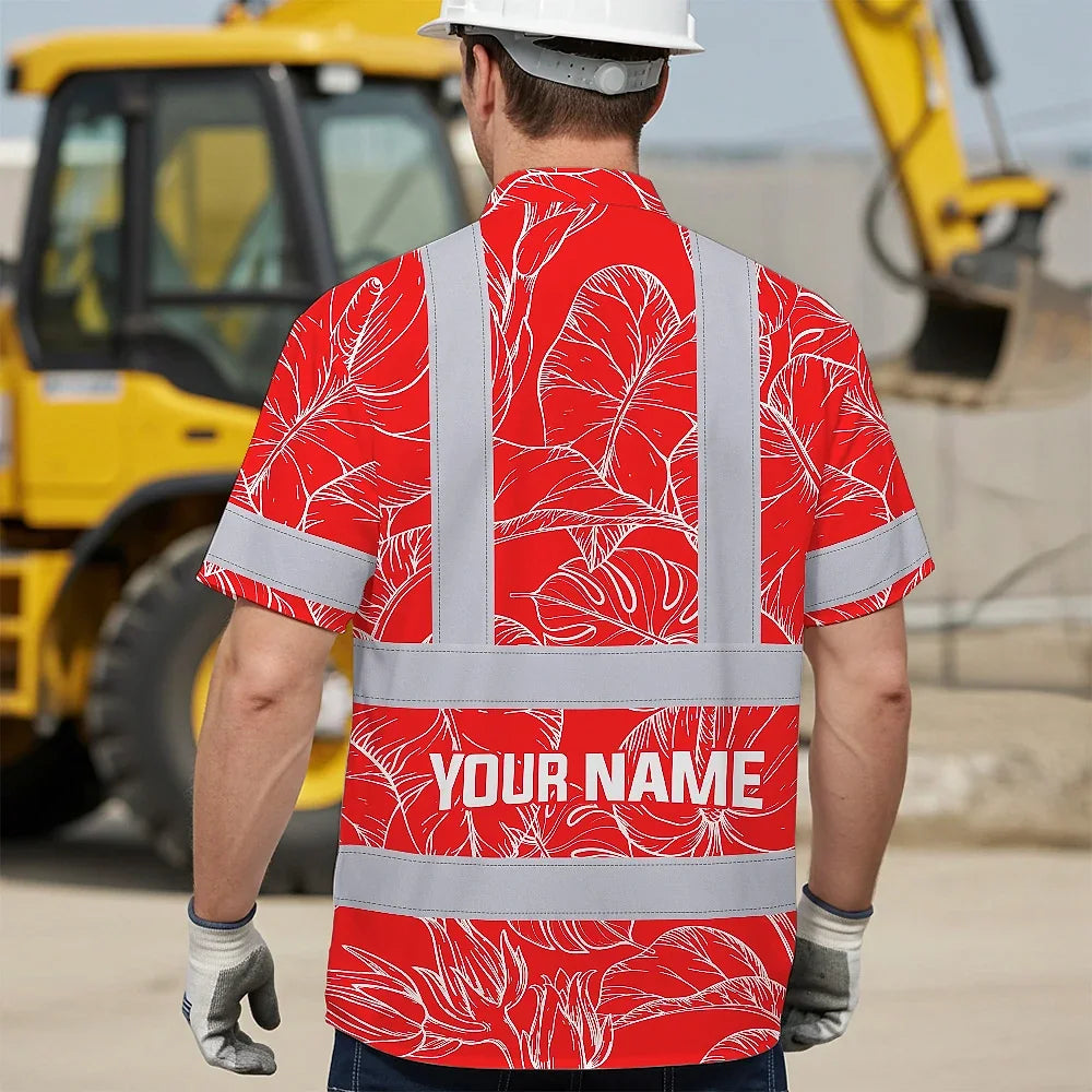 Hi Vis Hawaiian Shirt Reflective Tapes Red Neon Flowers Custom Name Safety Workwear For Workers, Truckers, Operators
