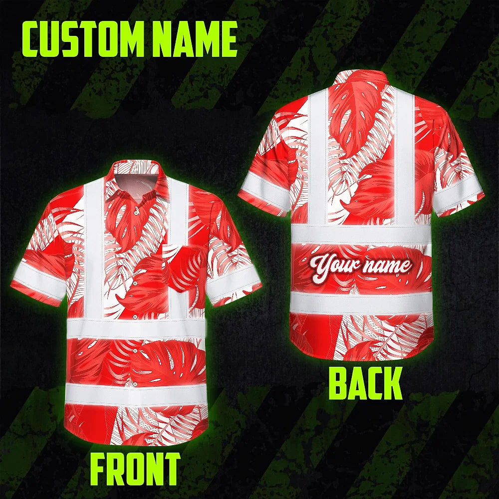Hi Vis Hawaiian Shirt Reflective Tapes Red Neon Flowers Custom Name Safety Workwear For Workers, Truckers, Operators