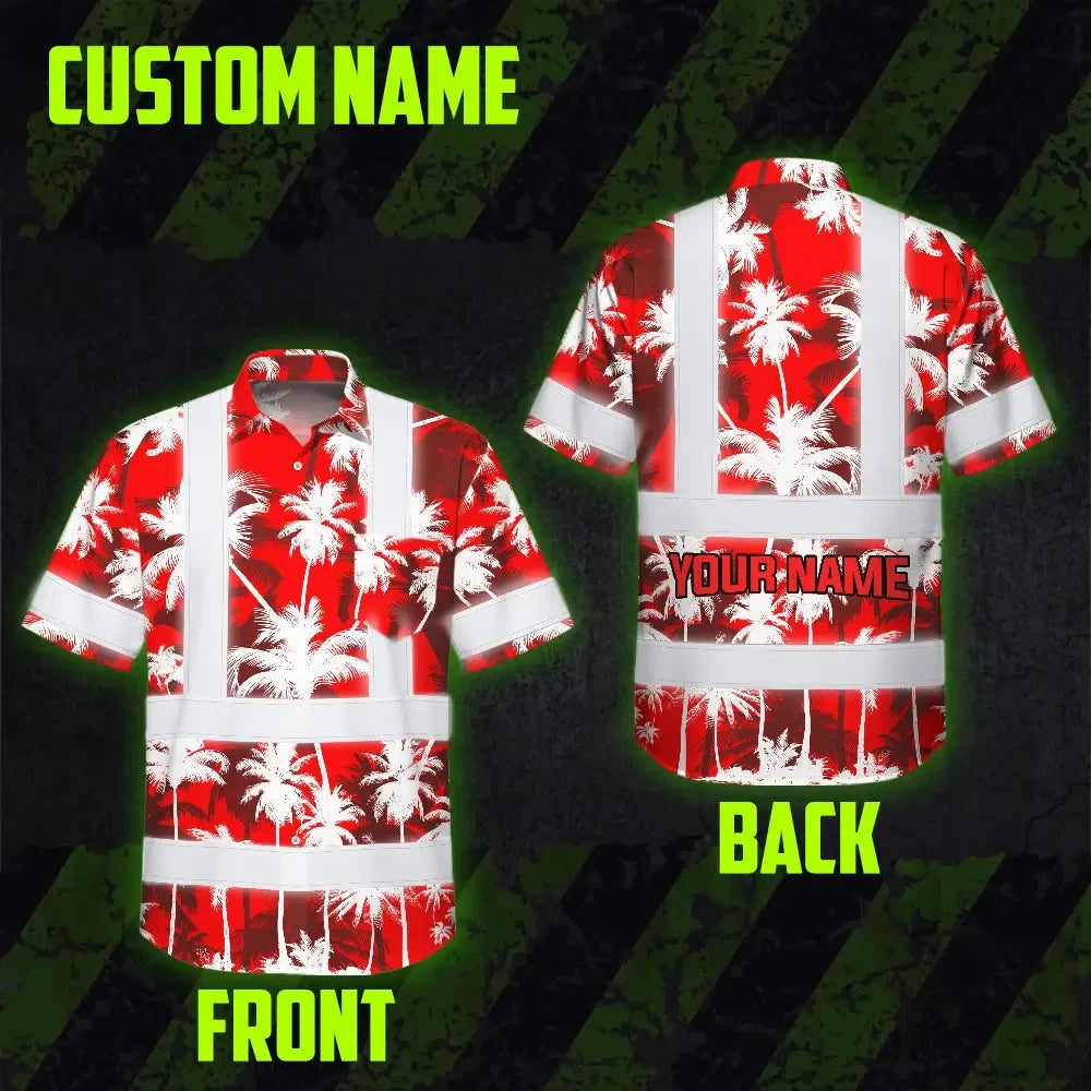 Hi Vis Hawaiian Shirt Reflective Tapes Red Neon Flowers Custom Name Safety Workwear For Workers, Truckers, Operators
