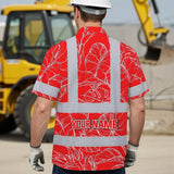 Hi Vis Hawaiian Shirt Reflective Tapes Red Neon Flowers Custom Name Safety Workwear For Workers, Truckers, Operators