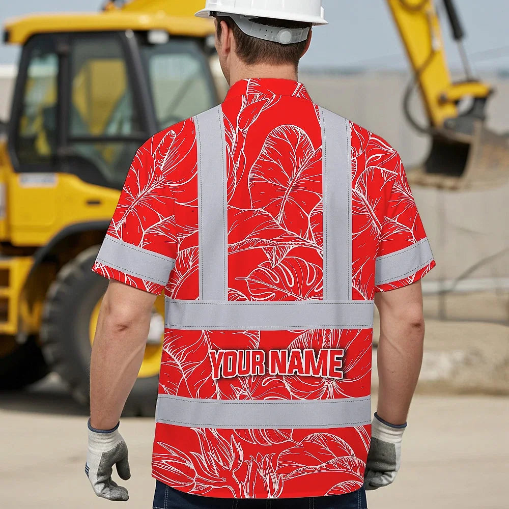 Hi Vis Hawaiian Shirt Reflective Tapes Red Neon Flowers Custom Name Safety Workwear For Workers, Truckers, Operators
