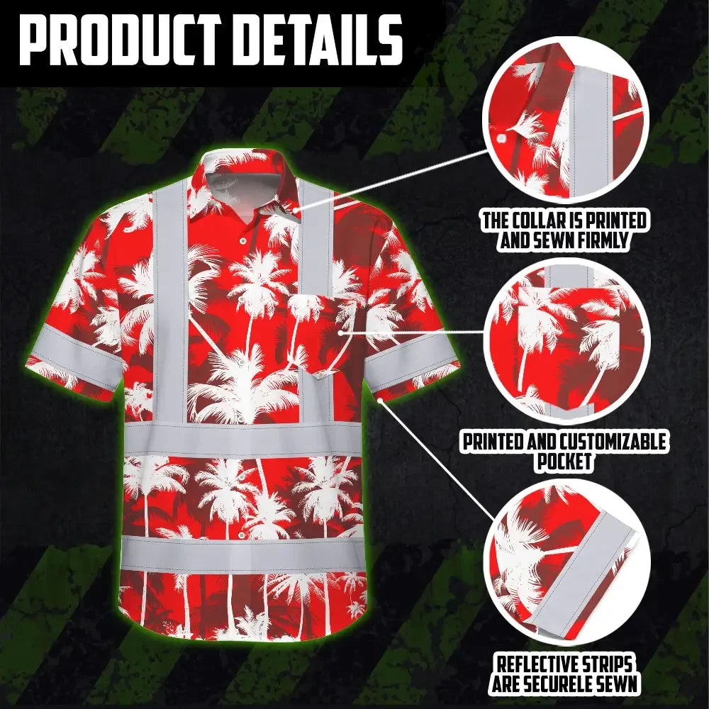 Choose Pack Hi Vis Hawaiian Shirt Reflective Tapes Red Neon Flowers Custom Name Safety Workwear For Workers, Truckers, Operators