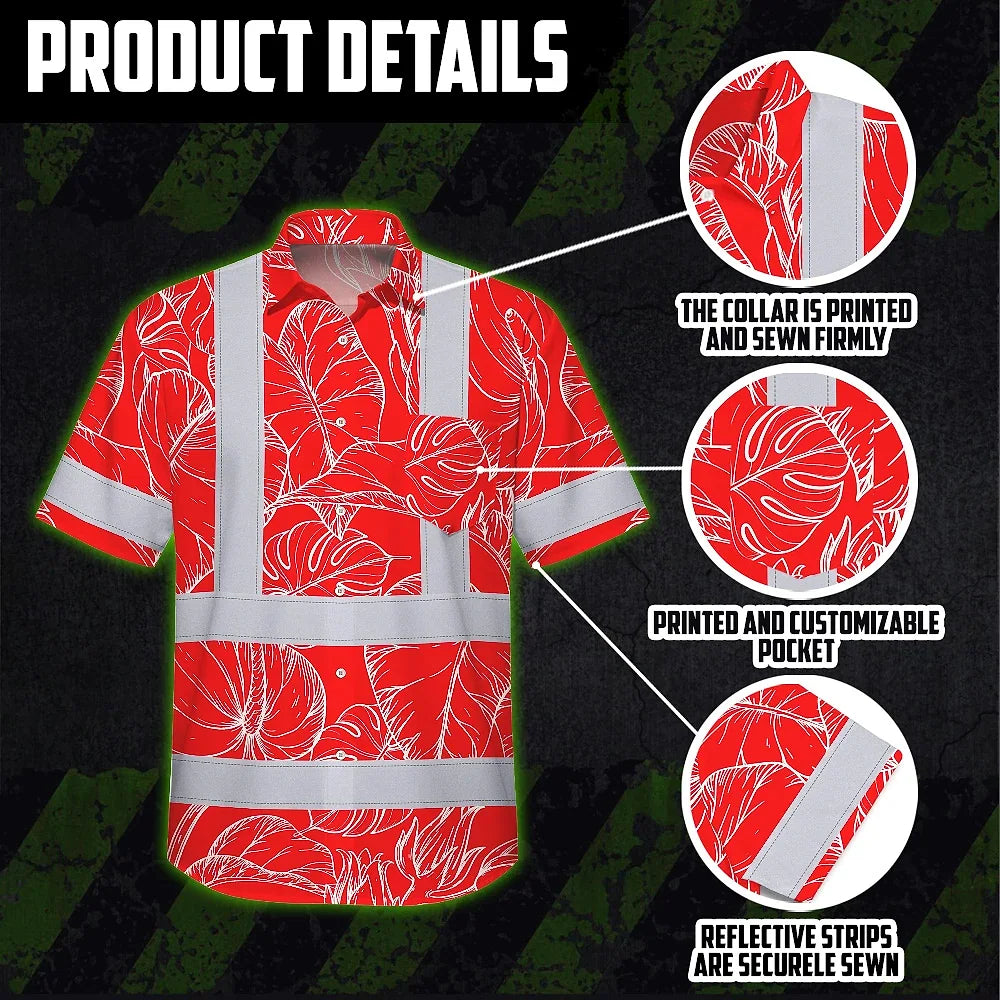 Hi Vis Hawaiian Shirt Reflective Tapes Red Neon Flowers Custom Name Safety Workwear For Workers, Truckers, Operators