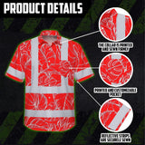 Hi Vis Hawaiian Shirt Reflective Tapes Red Neon Flowers Custom Name Safety Workwear For Workers, Truckers, Operators