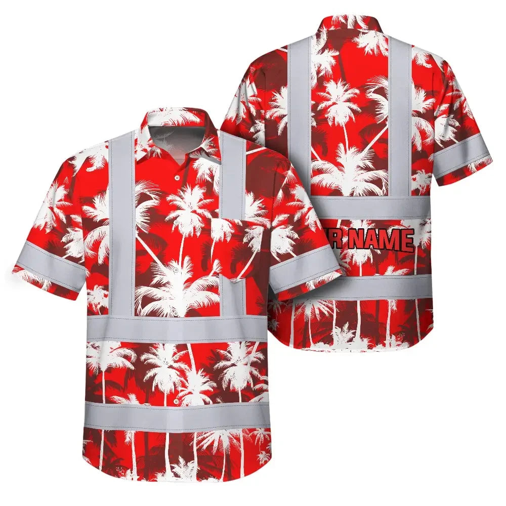 Choose Pack Hi Vis Hawaiian Shirt Reflective Tapes Red Neon Flowers Custom Name Safety Workwear For Workers, Truckers, Operators
