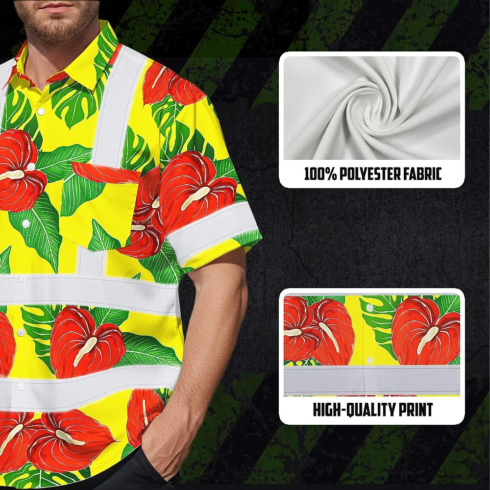 Hi Vis Hawaiian Shirt Reflective Tapes Red Neon Green Flowers Custom Name Safety Workwear For Workers, Truckers, Operators