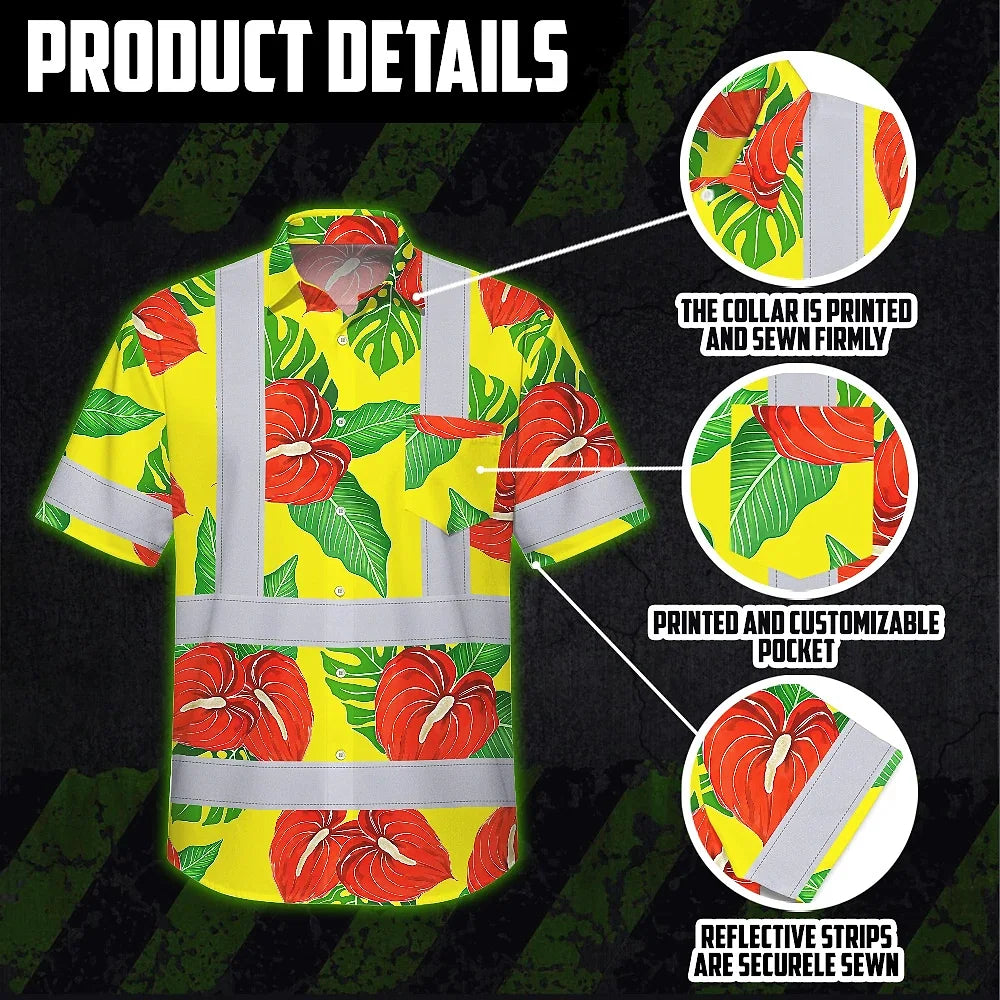 Hi Vis Hawaiian Shirt Reflective Tapes Red Neon Green Flowers Custom Name Safety Workwear For Workers, Truckers, Operators