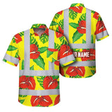 Hi Vis Hawaiian Shirt Reflective Tapes Red Neon Green Flowers Custom Name Safety Workwear For Workers, Truckers, Operators