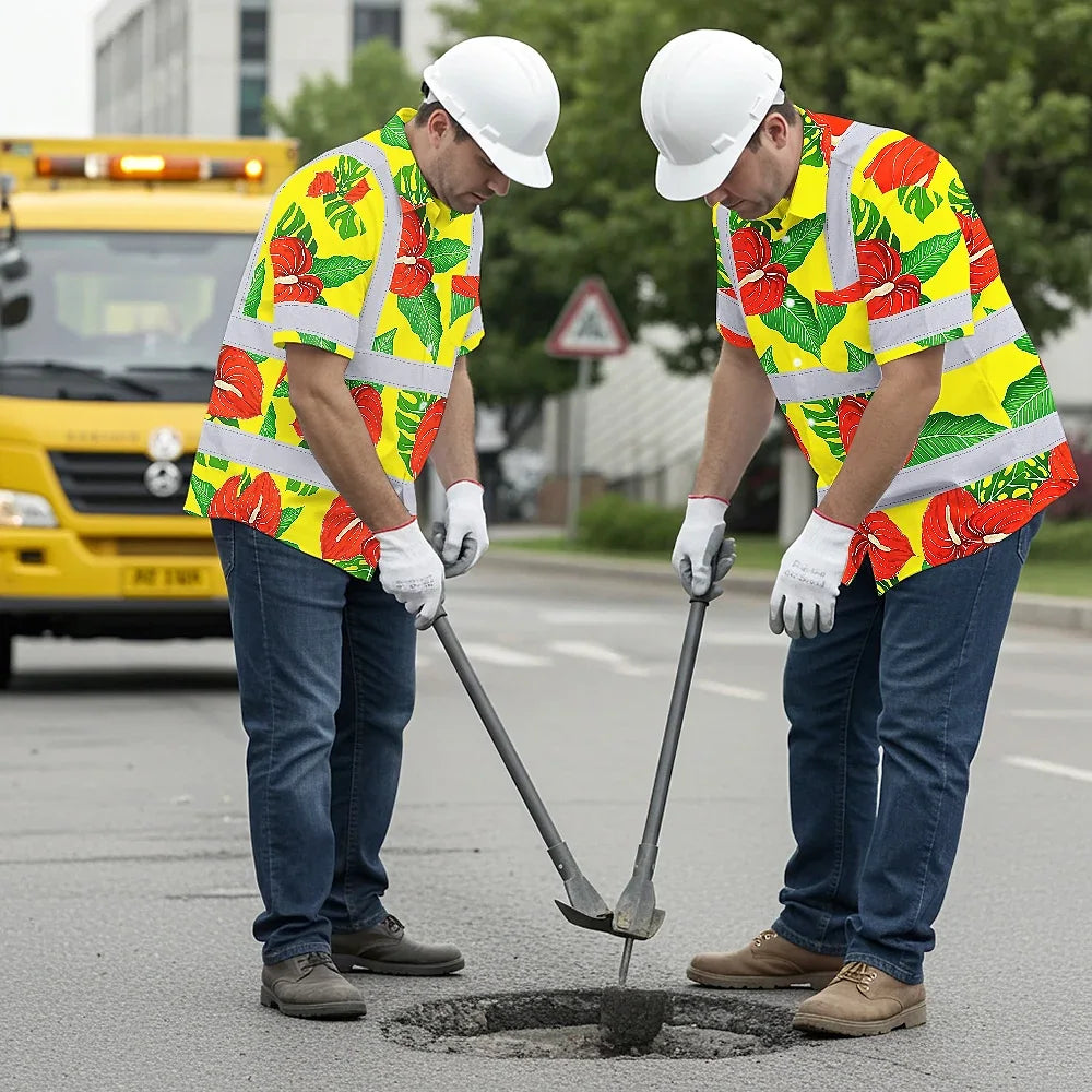 Hi Vis Hawaiian Shirt Reflective Tapes Red Neon Green Flowers Custom Name Safety Workwear For Workers, Truckers, Operators