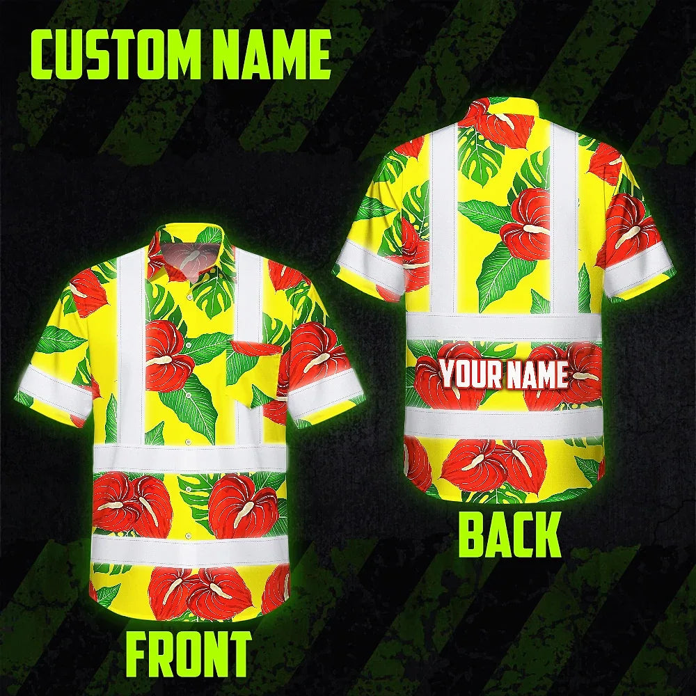 Hi Vis Hawaiian Shirt Reflective Tapes Red Neon Green Flowers Custom Name Safety Workwear For Workers, Truckers, Operators