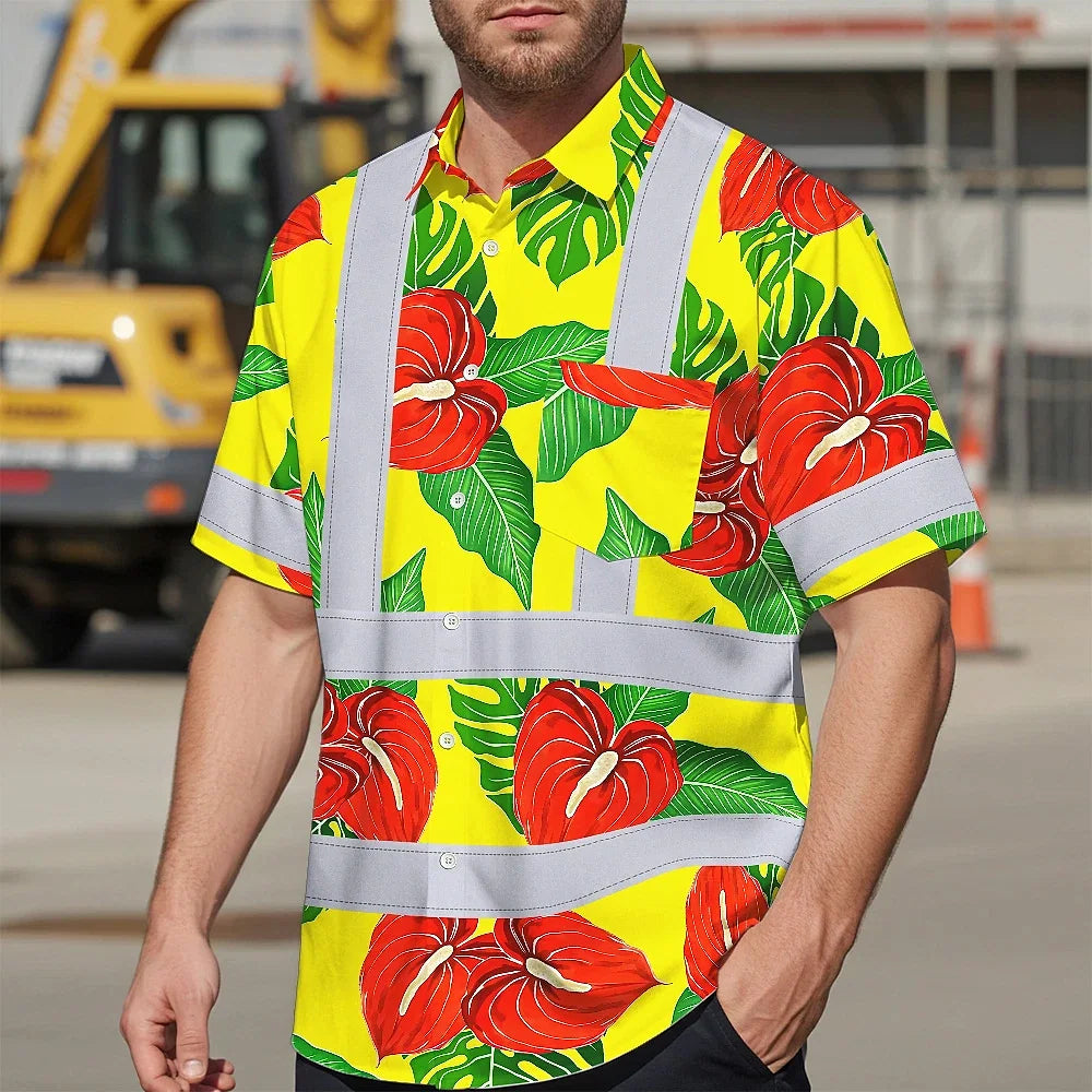 Hi Vis Hawaiian Shirt Reflective Tapes Red Neon Green Flowers Custom Name Safety Workwear For Workers, Truckers, Operators