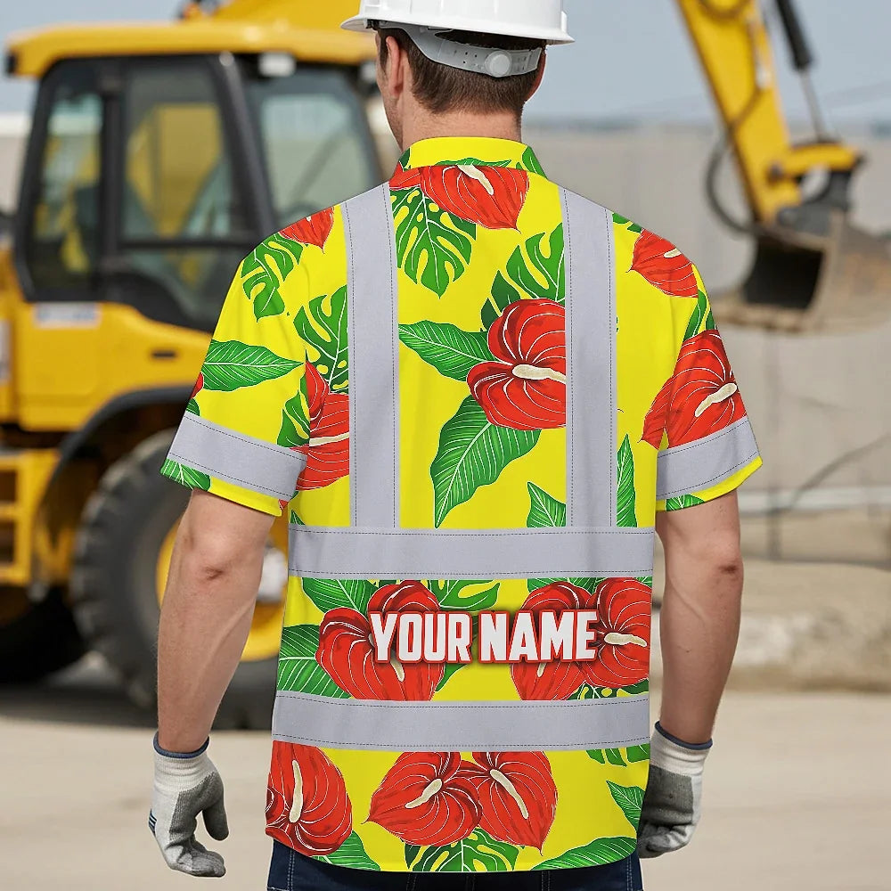 Hi Vis Hawaiian Shirt Reflective Tapes Red Neon Green Flowers Custom Name Safety Workwear For Workers, Truckers, Operators
