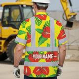 Hi Vis Hawaiian Shirt Reflective Tapes Red Neon Green Flowers Custom Name Safety Workwear For Workers, Truckers, Operators