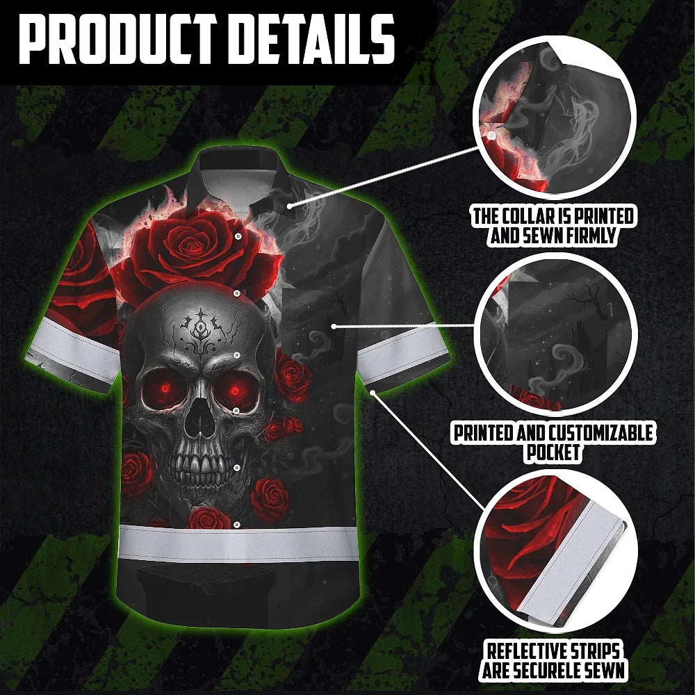 Hi Vis Hawaiian Shirt Reflective Tapes Red Neon Grey Skull Custom Name Safety Workwear For Workers, Truckers, Operators