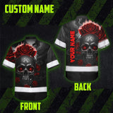 Hi Vis Hawaiian Shirt Reflective Tapes Red Neon Grey Skull Custom Name Safety Workwear For Workers, Truckers, Operators