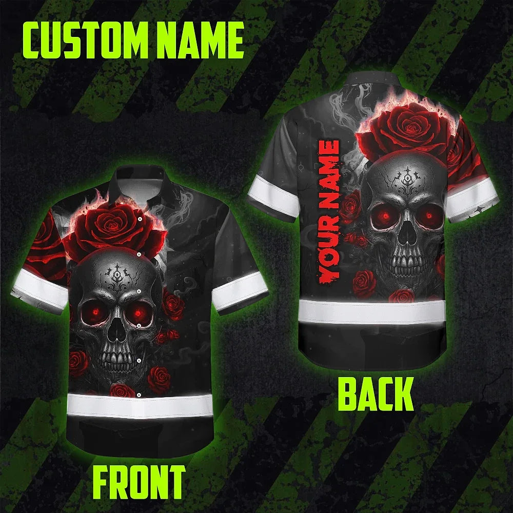 Hi Vis Hawaiian Shirt Reflective Tapes Red Neon Grey Skull Custom Name Safety Workwear For Workers, Truckers, Operators
