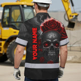 Hi Vis Hawaiian Shirt Reflective Tapes Red Neon Grey Skull Custom Name Safety Workwear For Workers, Truckers, Operators