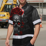 Hi Vis Hawaiian Shirt Reflective Tapes Red Neon Grey Skull Custom Name Safety Workwear For Workers, Truckers, Operators