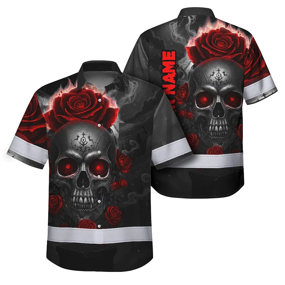 Hi Vis Hawaiian Shirt Reflective Tapes Red Neon Grey Skull Custom Name Safety Workwear For Workers, Truckers, Operators