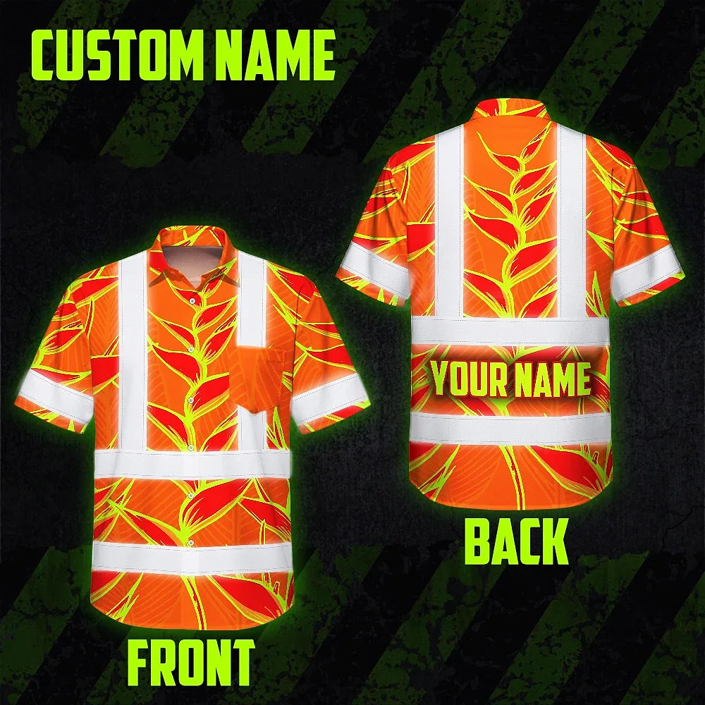 Hi Vis Hawaiian Shirt Reflective Tapes Red Neon Lime Heliconia Custom Name Safety Workwear For Workers, Truckers, Operators