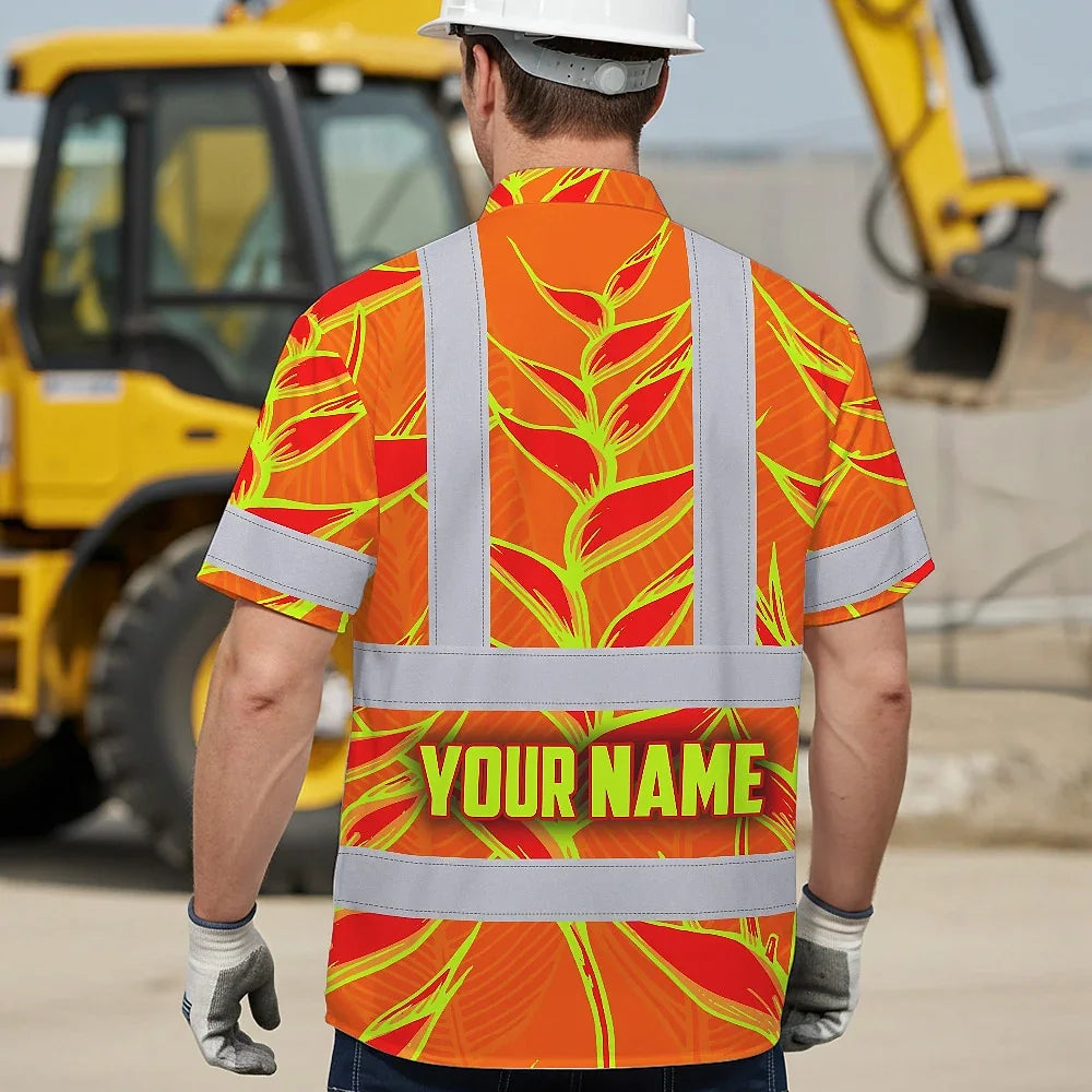 Hi Vis Hawaiian Shirt Reflective Tapes Red Neon Lime Heliconia Custom Name Safety Workwear For Workers, Truckers, Operators