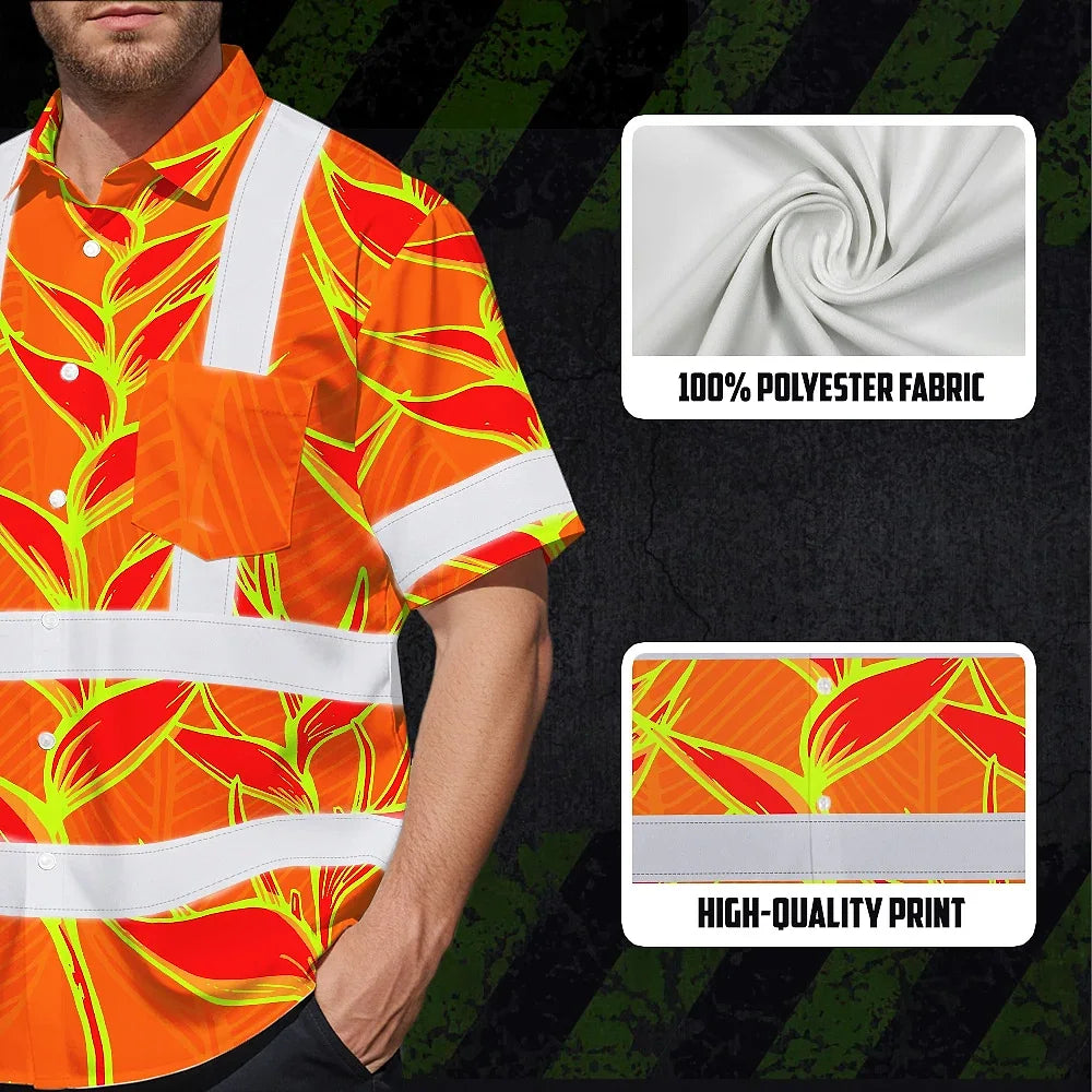 Hi Vis Hawaiian Shirt Reflective Tapes Red Neon Lime Heliconia Custom Name Safety Workwear For Workers, Truckers, Operators