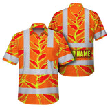 Hi Vis Hawaiian Shirt Reflective Tapes Red Neon Lime Heliconia Custom Name Safety Workwear For Workers, Truckers, Operators