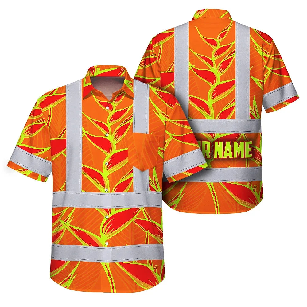 Hi Vis Hawaiian Shirt Reflective Tapes Red Neon Lime Heliconia Custom Name Safety Workwear For Workers, Truckers, Operators