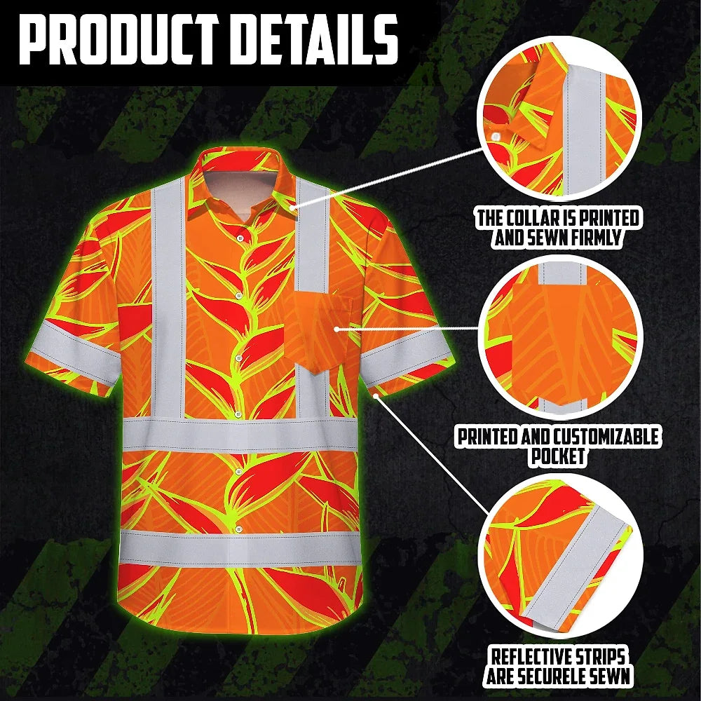 Hi Vis Hawaiian Shirt Reflective Tapes Red Neon Lime Heliconia Custom Name Safety Workwear For Workers, Truckers, Operators