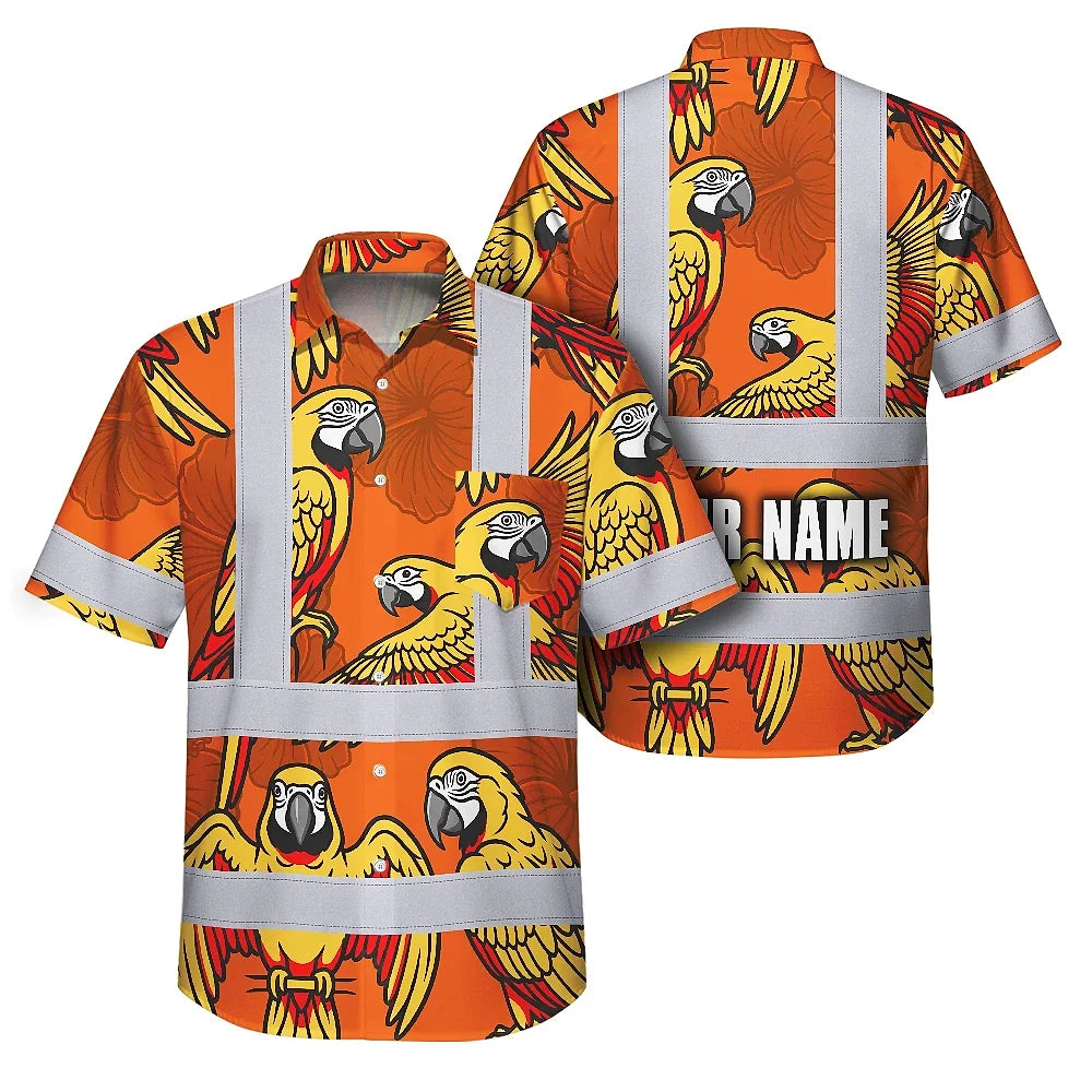 Hi Vis Hawaiian Shirt Reflective Tapes Red Neon Lime Parrot Custom Name Safety Workwear For Workers, Truckers, Operators
