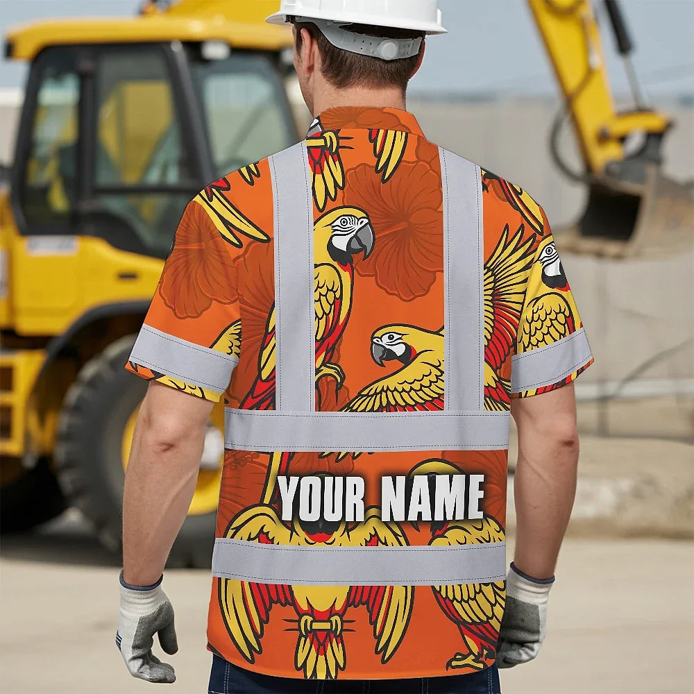 Hi Vis Hawaiian Shirt Reflective Tapes Red Neon Lime Parrot Custom Name Safety Workwear For Workers, Truckers, Operators