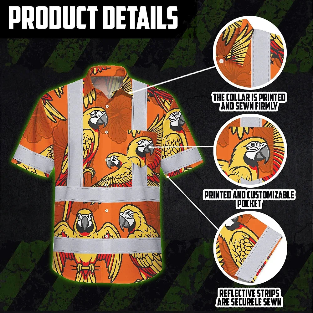 Hi Vis Hawaiian Shirt Reflective Tapes Red Neon Lime Parrot Custom Name Safety Workwear For Workers, Truckers, Operators