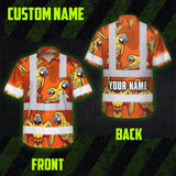 Hi Vis Hawaiian Shirt Reflective Tapes Red Neon Lime Parrot Custom Name Safety Workwear For Workers, Truckers, Operators
