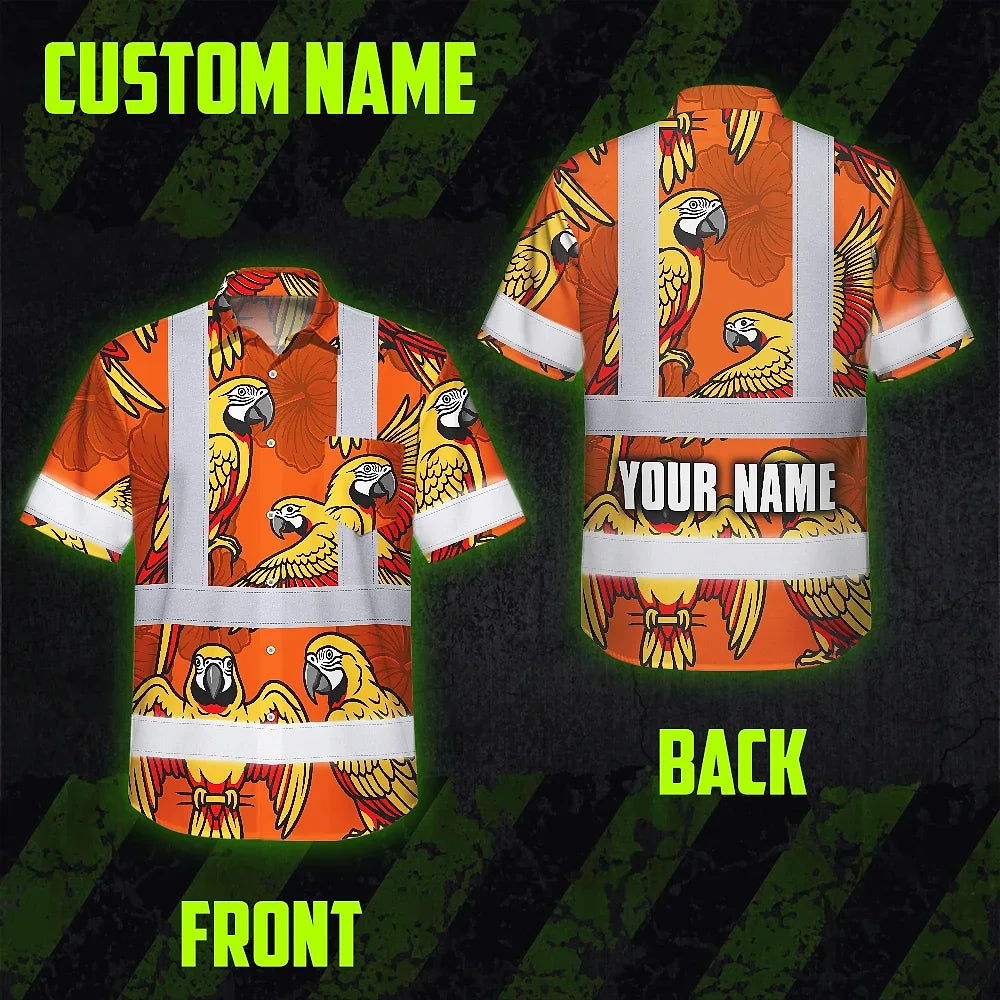 Hi Vis Hawaiian Shirt Reflective Tapes Red Neon Lime Parrot Custom Name Safety Workwear For Workers, Truckers, Operators