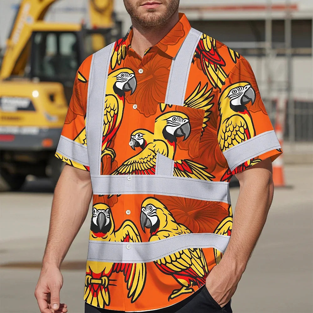 Hi Vis Hawaiian Shirt Reflective Tapes Red Neon Lime Parrot Custom Name Safety Workwear For Workers, Truckers, Operators