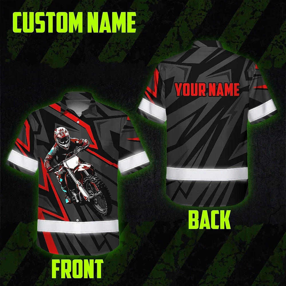 Hi Vis Hawaiian Shirt Reflective Tapes Red Neon Motobike Custom Name Safety Workwear For Bikers, Workers, Truckers, Operators