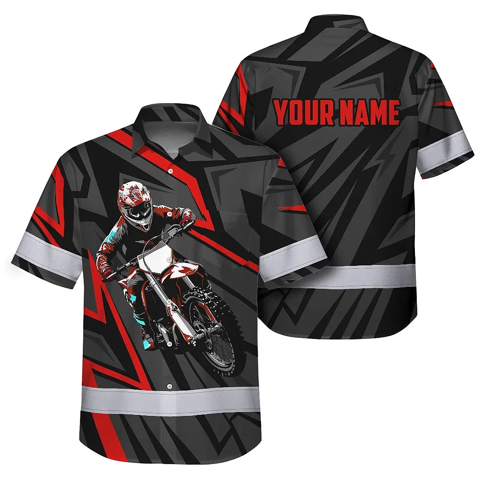 Hi Vis Hawaiian Shirt Reflective Tapes Red Neon Motobike Custom Name Safety Workwear For Bikers, Workers, Truckers, Operators
