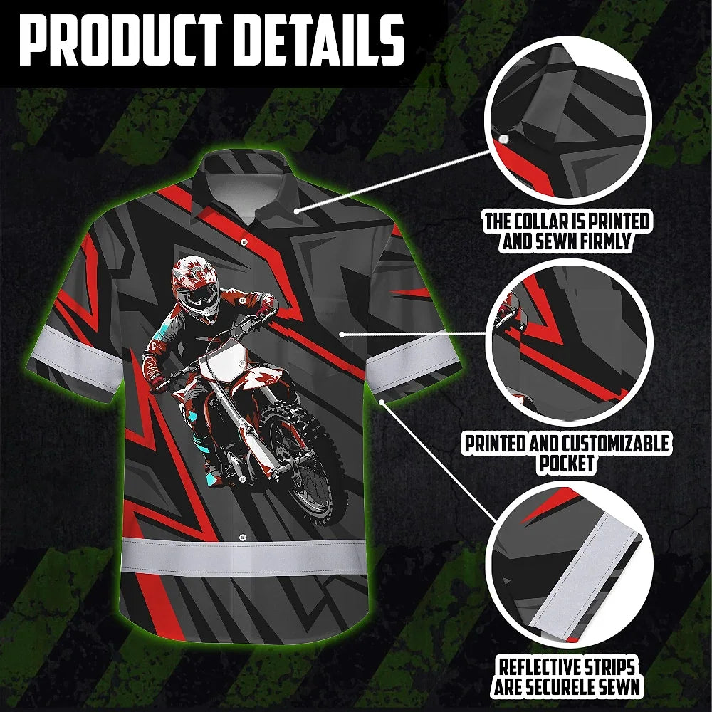 Hi Vis Hawaiian Shirt Reflective Tapes Red Neon Motobike Custom Name Safety Workwear For Bikers, Workers, Truckers, Operators