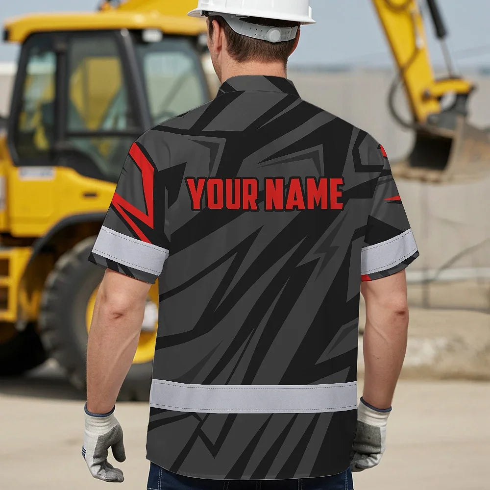 Hi Vis Hawaiian Shirt Reflective Tapes Red Neon Motobike Custom Name Safety Workwear For Bikers, Workers, Truckers, Operators